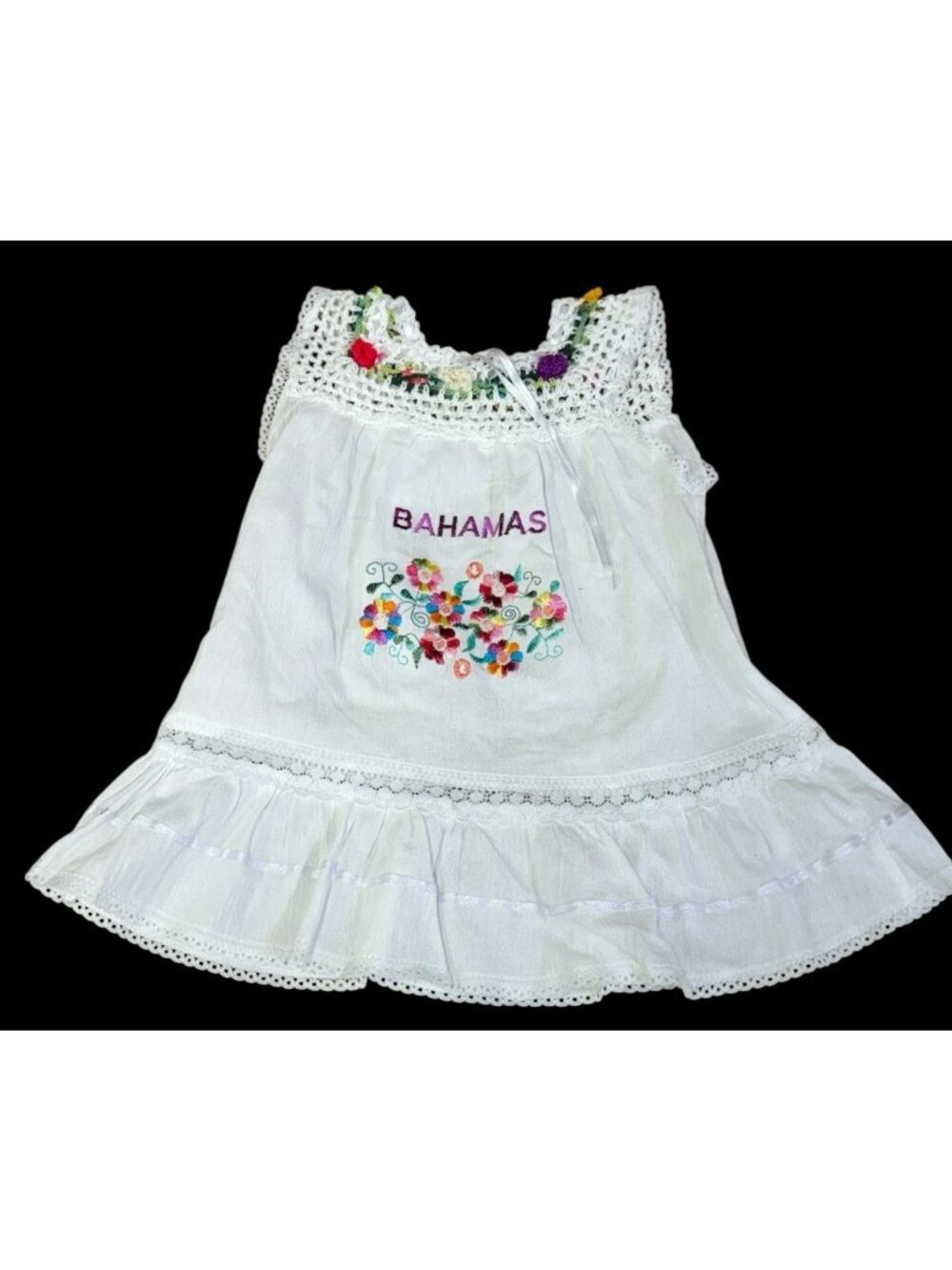 SZ 2T 18-24 Months Handmade Crochet White BAHAMAS Dress Floral Embroidered Lace